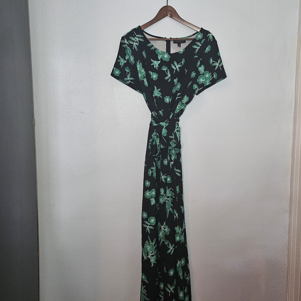 Lane Bryant Black Green Floral Tie Waist Wide Leg Jumpsuit 18